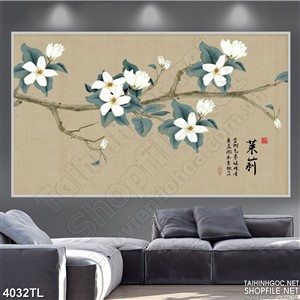 Tranh hoa trắng chữ thư pháp