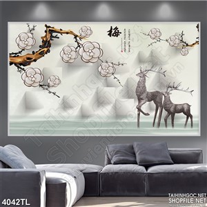 Tranh tuần lộc và hoa mai trắng