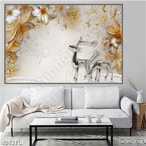 Tranh tuần lộc và hoa cúc trắng 6D