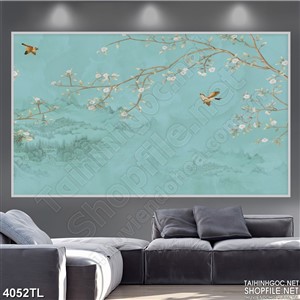 Tranh hoa mai trắng nền xanh