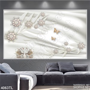 Tranh lụa thiên nga và hoa trang trí