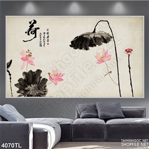 Tranh in màu nước hoa sen thủy mặc