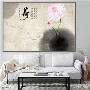 Tranh thủy mặc hoa sen hồng in uv