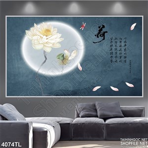 Trannh hoa sen trắng thủy mặc chữ thư pháp
