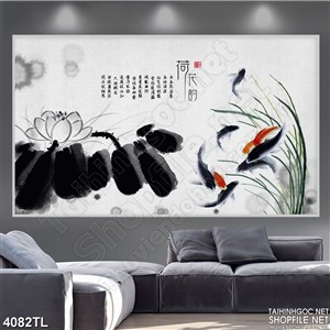 Tranh thủy mặc cá koi hoa sen in uv