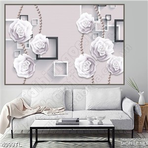 Tranh hoa hồng trắng trang trí dây ngọc trai