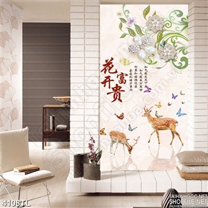 Tranh lụa khổ dọc nai và hoa trang trí