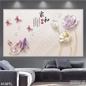 Tranh hoa cá koi và hoa anh túc