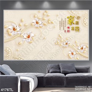 Tranh hoa lụa traắng chữ thư pháp