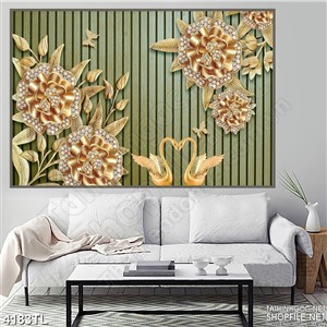 Tranh in tường hoa và thiên nga vàng