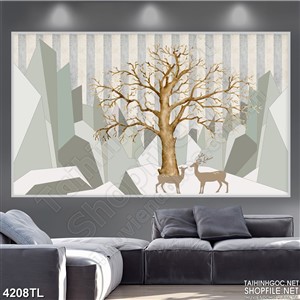 Tranh 3D in tường nai và cây si