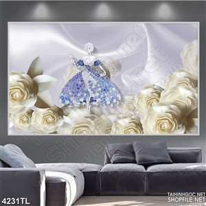 Tranh lụa hoa hồng và nàng tiên 4D