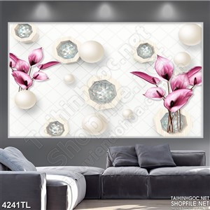 Tranh lụa lá môn tím điểm ngọc trai