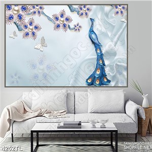 Tranh lụa chim công xanh dương điểm hoa psd