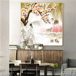 Tranh lụa phong cảnh trang trí hoa mai đào