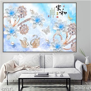 Tranh lụa xanh điểm hoa psd