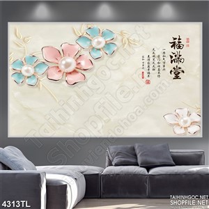 Tranh lụa hoa cúc hồng và xanh