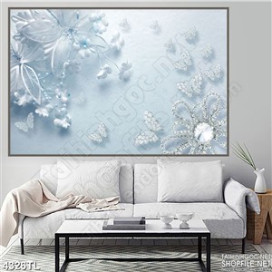 Tranh lụa nền xanh hoa ngọc thủy tinh