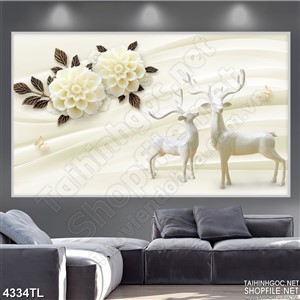 Tranh lụa tuần lộc và hoa 4D