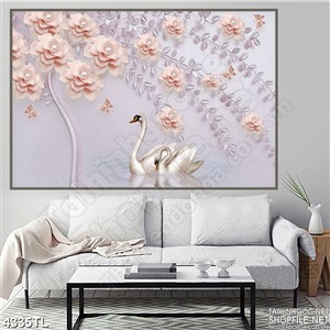Tranh lụa thiên nga và hoa hồng