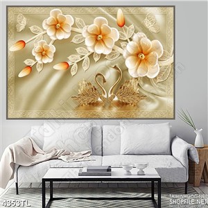 Tranh lụa hoa và thiên nga wall