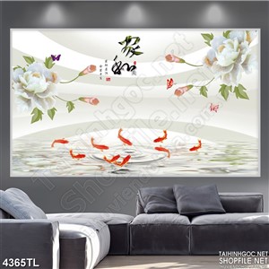 Tranh lụa hoa mẫu đơn và cá koi