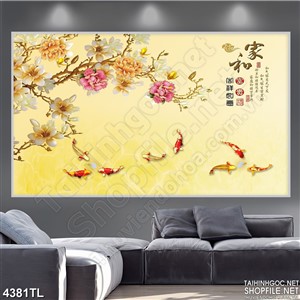 Tranh lụa hoa và cá koi psd