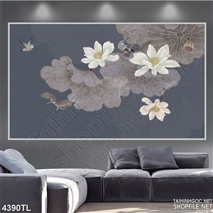 Tranh thủy mặc hoa sen trắng trong hồ