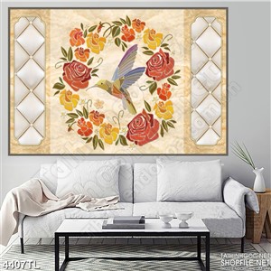 Tranh in tường chim én và hoa hồng