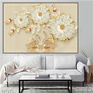 Tranh lụa hoa cúc đại đóa và thiên nga