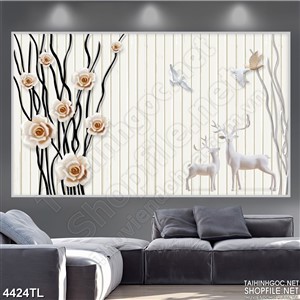 Tranh lụa nai con và hoa