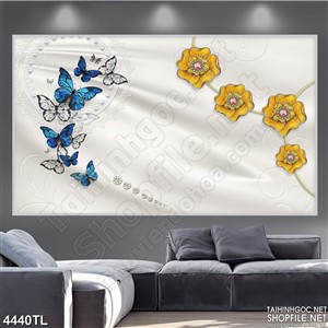 Tranh lụa bướm xanh và hoa vàng