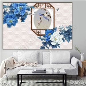 Tranh lụa hoa mẫu đơn xanh dương