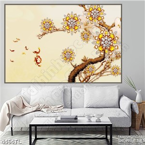 Tranh lụa hoa mai vàng khảm đá