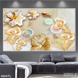 Tranh lụa thiên nga vàng và hoa lan ngọc