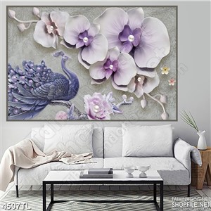 Tranh lụa hoa lan tím và chim công