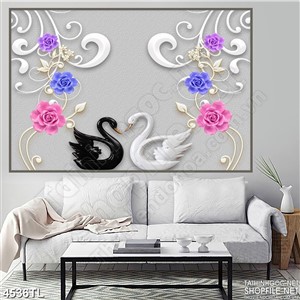 Tranh lụa thiên nga đen trắng và hoa