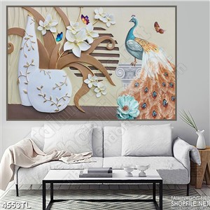 Tranh lụa bình hoa và chim công