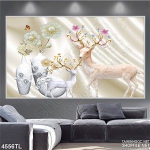 Tranh lụa bình hoa và chú nai