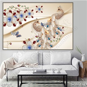 Tranh hoa lan và chim công khảm đá ngọc