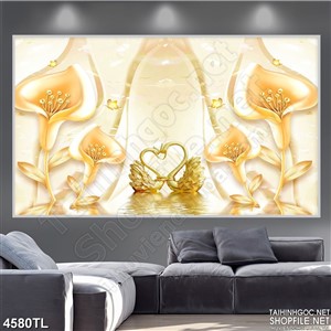 Tranh hoa và thiên nga vàng in tường