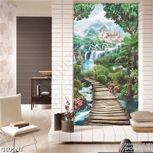 Tranh lâu đài trên thác nước sau tán cây xanh