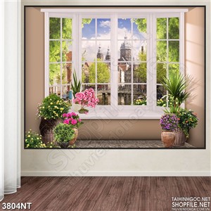 Tranh lâu đài nguy nga ngoài khung cửa sổ