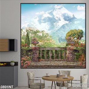 Tranh khu rừng dưới chân núi phủ tuyết in uv