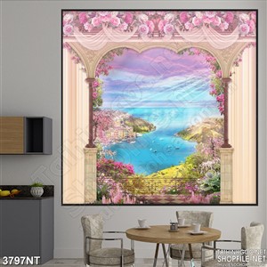 Tranh cánh cổng tím mộng mơ nhìn ra biển xanh