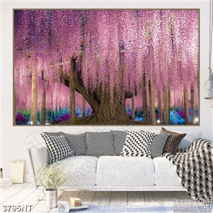 Tranh cây cổ thụ với những bông hoa tím in uv