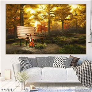 Tranh đàn vĩ cầm bên chiếc ghế trong rừng chiều