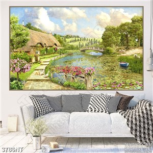 Tranh ngồi làng nhỏ bên đầm sen hồng 3d