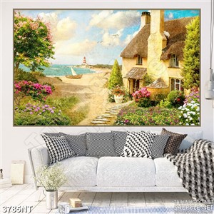 Tranh ngôi làng nhỏ trên bãi biển xanh biếc