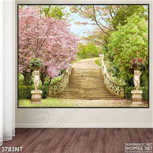 Tranh lối bậc thang giữa vườn hoa anh đào in uv